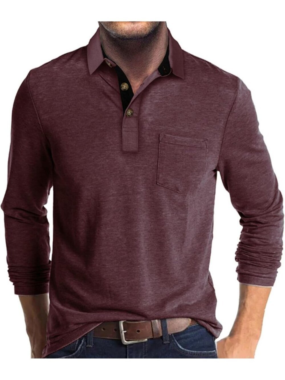 Men's Dark Red Casual Long Sleeve Polo Shirts Classic Button Cotton Stylish